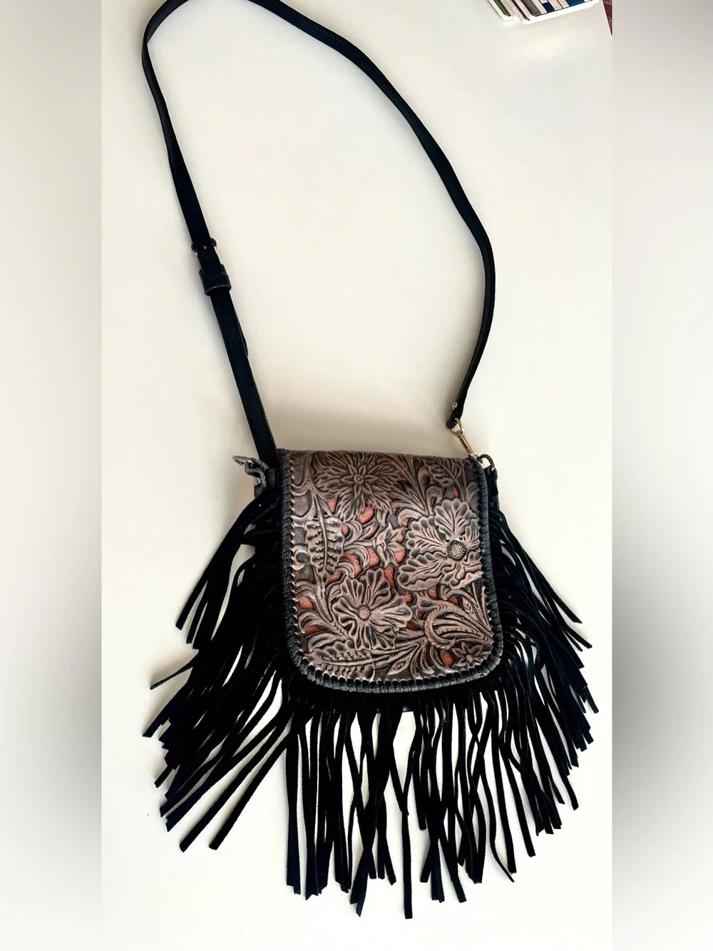 P&G Genuine Leather Tooled Floral Fringe Crossbody Boho Western Bag